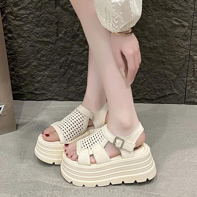 Fashion 8CM Summer Sandals Wedge Heel Sneakers New Women Beach Flip Flop High Platform Casual Sandals Hollow Breathable Walking Slippers