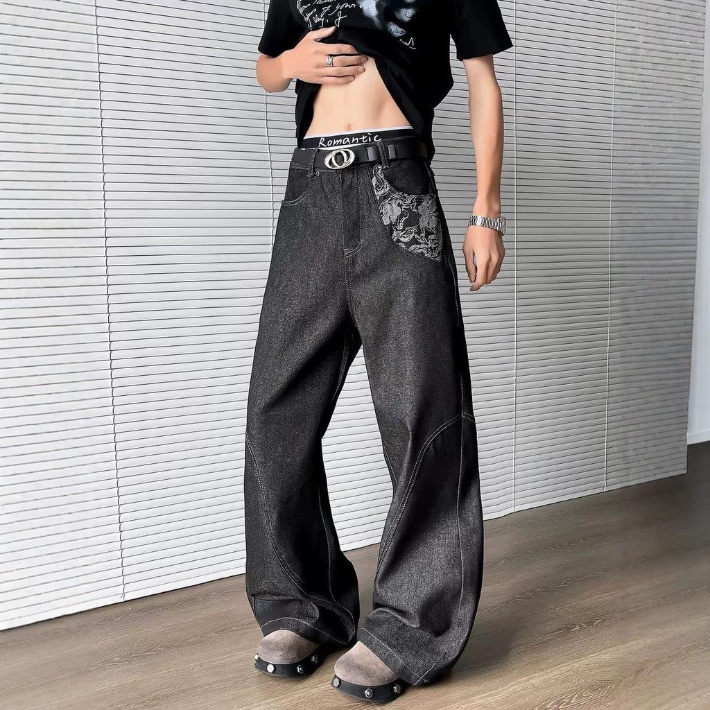 American cleanfit retro jeans men's summer primary color splicing jacquard deconstruction loose wide-leg trousers
