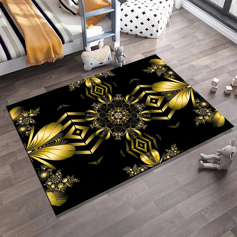 Black and Gold Geometric Pattern Carpet with Floral Mandala Design Suitable for Use As an Anti-slip for Living Room Bedroom Sofas