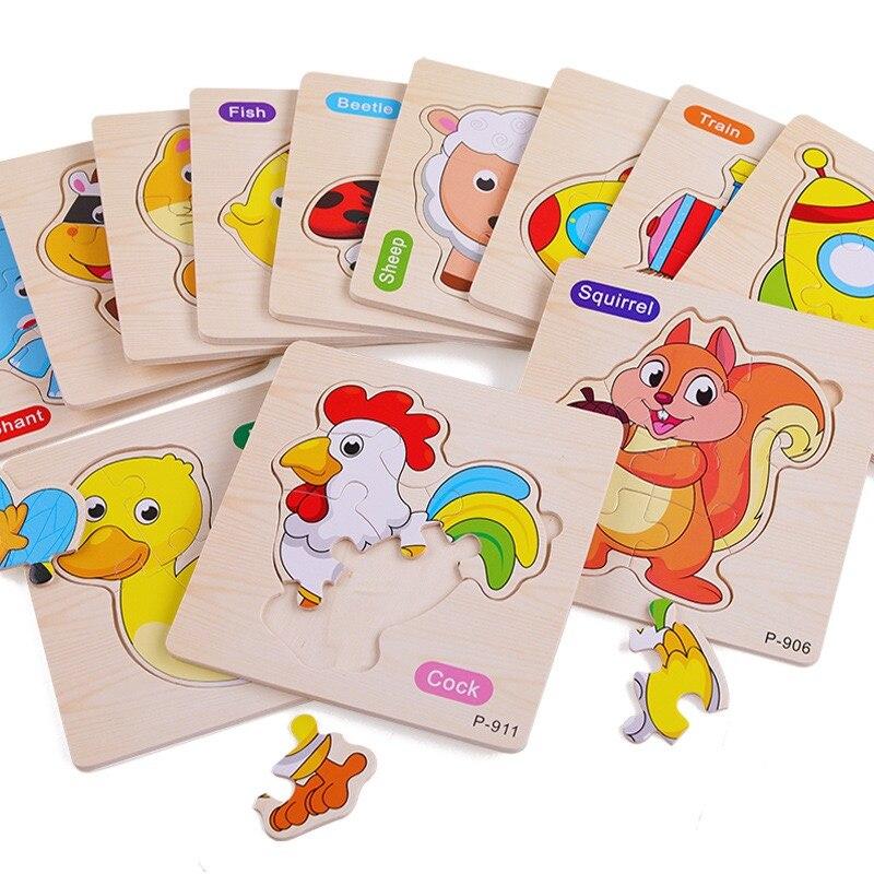 Non-Toxic 3 Pcs Random Color Puzzle 3D Toys Early Education Wooden Cartoon Animal Puzzle Puzzle Infant Puzzle Board Toys