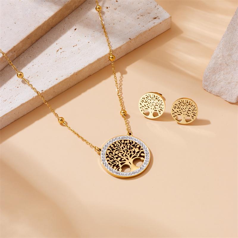 Trendy Minimalist Round Hollow Tree of Life Pendant Earring Necklace Set
