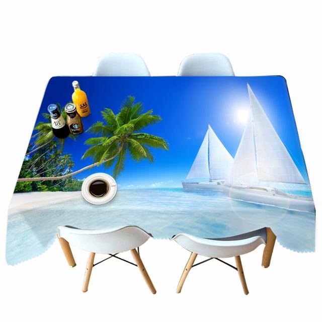 Beach Waves Pattern Coconut Tree Tablecloth Dustproof Thicken Cotton Rectangular Round Table Cloth For Wedding Picnic Party