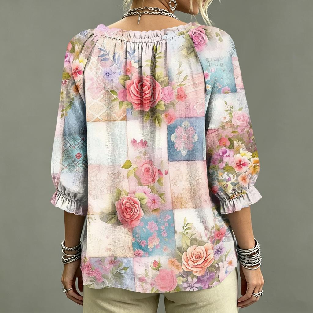 Women's Casual Printed V-Neck Ruffle Tie Blouse