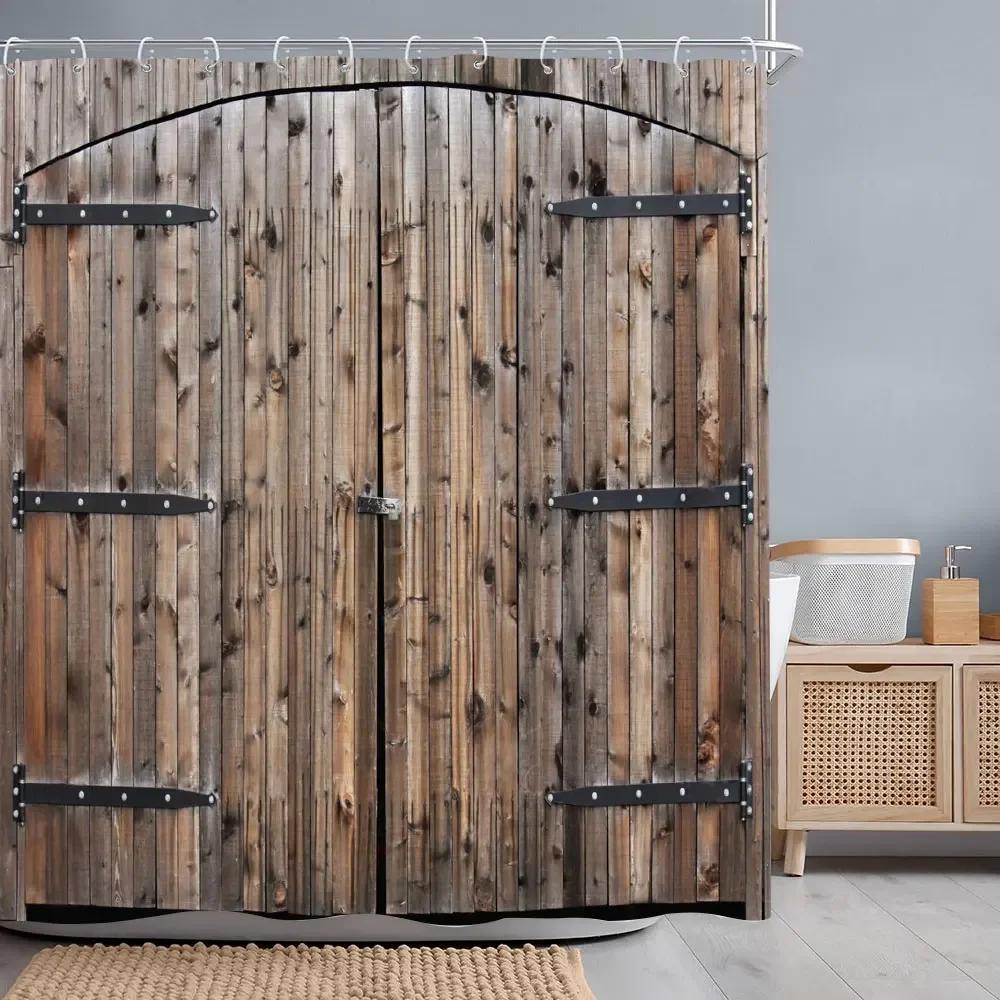 Retro Rustikale Holztüren Duschvorhänge Vintage Bauernhaus Scheune Alte Tür Heimdeko Wasserdichtes Polyester Badezimmer Vorhang Set