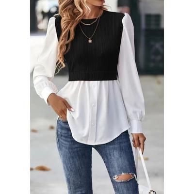 Damenmode, lässig, Frühling, Herbst, Farbblockdruck, langärmelig, O-Ausschnitt, Blusen & Hemden