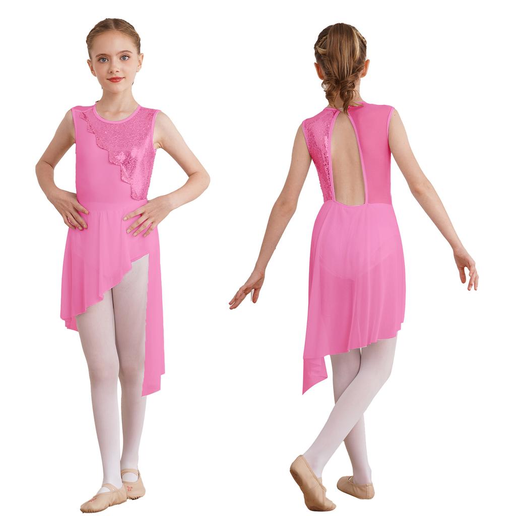 Rochie de dans liric cu paiete, fără mâneci, cu gât rotund, pentru copii, fete