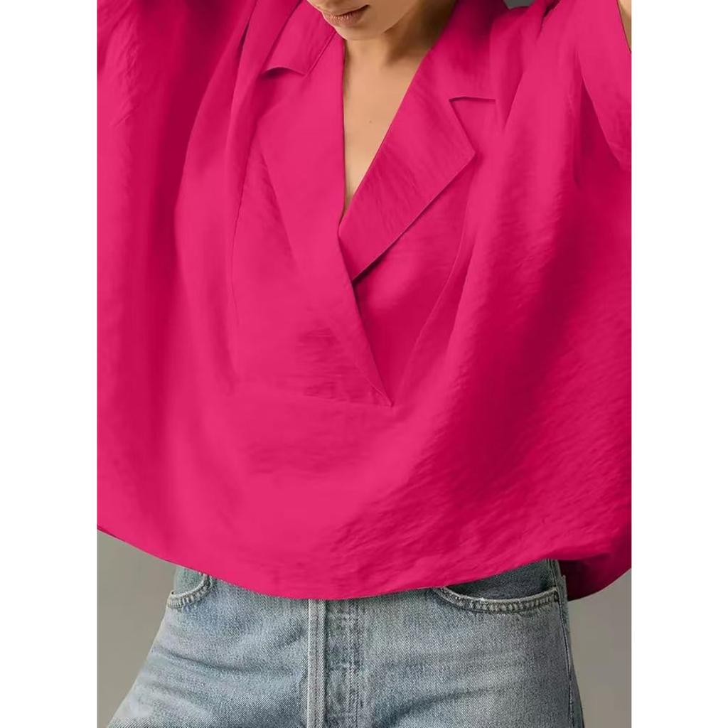 Women's, Summer New Style, Short Sleeved, Lapel, Casual, Loose Fit, Top, Solid Color Shirt