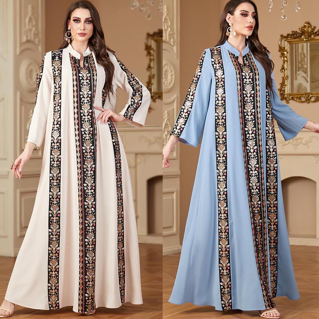 Middle Eastern V-neck Embroidered Color-Block Muslim Dress