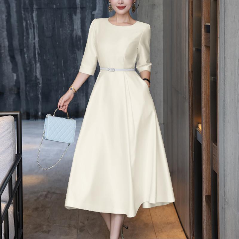 ZANZEA Damen Casual Rundhals Einfarbig 3/4-Ärmel Satin Kleid