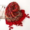 Bohemian Ethnic Cotton & Linen Scarf - Red Travel Shawl with Silk Accent