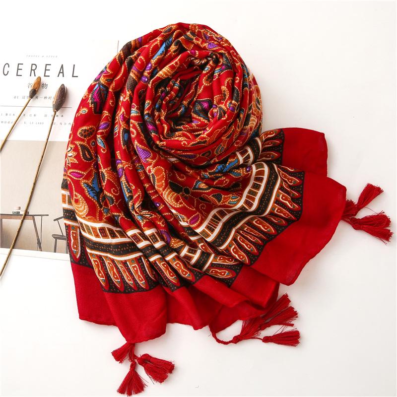 Bohemian Ethnic Cotton & Linen Scarf - Red Travel Shawl with Silk Accent