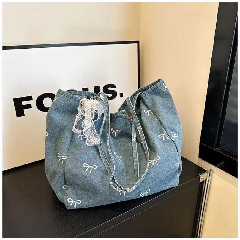 Bolso de Hombro de Lona de Mezclilla Versátil Dulce con Lazo para Mujer - Gran Capacidad