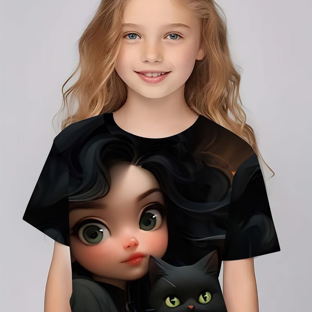 Sommer Rundhals 3D Cartoon Aufdruck Oberteil Modisch Lässig Kurzarm Kinder Mädchen T-Shirts