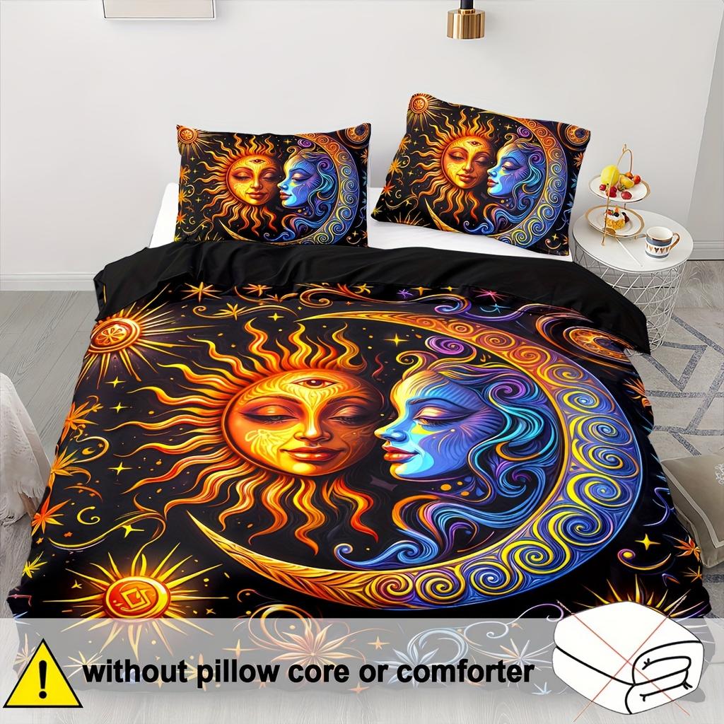 Fantasy Galaxy Duvet Cover Set - Breathable Polyester Bedding Sets with Zipper Closure, Sun and Moon Mandala Pattern, All-Season