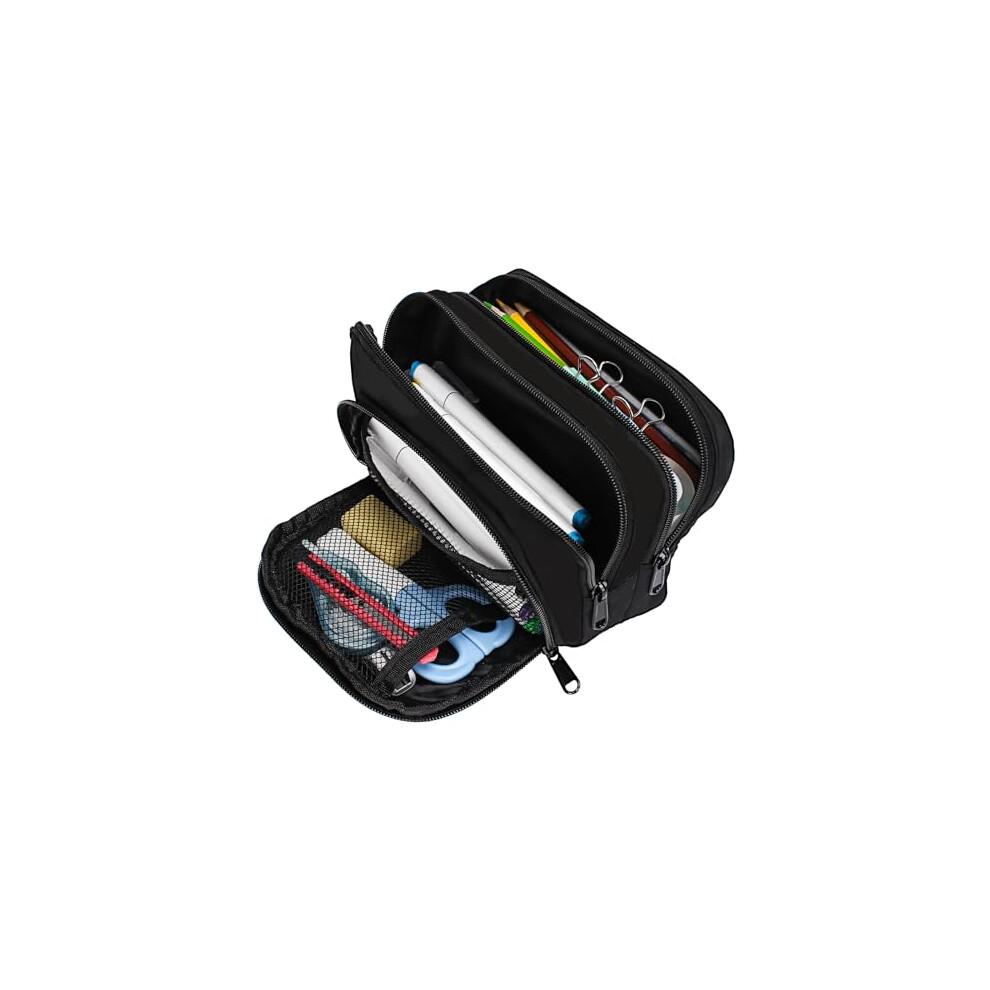Euqvunn Black Pencil Case, Large Capacity Pen Case with 3 Compartments, Stationery Pouch for School & Office Supplies, Unisex