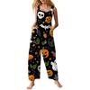 Women Sleeveless Jumpsuit Halloween Print Cotton Casual Loose Fit Wide Leg Romper Pocketed Overall Pants