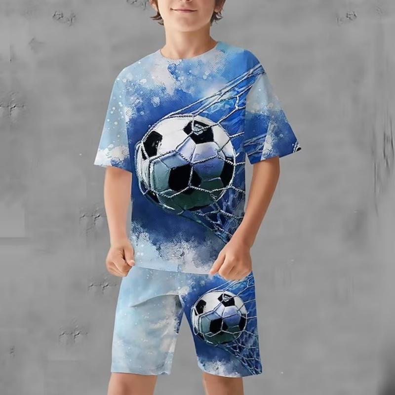 Kinderbekleidungsanzug für Jungen Kurzarm 3D Fußball-Print Kinder Sommerkleidung Lässige Streetwear Outdoor-Oberteil Kinder-Sets