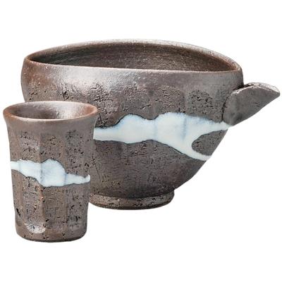 Ale-net Sake Set, Tokkuri and Ochoko Set, Diameter 11.5 X 9.5 X Height 8cm, 280ml, Black Ceramic, Kiln-Flow Style, Mino Ware, for Cold Sake