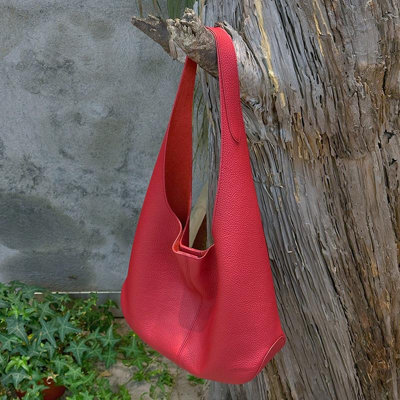 Genuine Cowhide Lychee Pattern Underarm Shoulder Bag Lightweight Travel Tote Handbag for Women