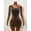 Women's Spring Autumn New Sexy Sequin One Shoulder Mini Dress Long Sleeve Ruched Bodycon Slim Fit Elegant Evening Party Night Club Cocktail Dress