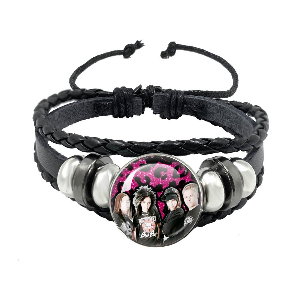 Pop Retro Rock Band Tokio Hotel Bill Kaulitz Band Black Rope Button Glass Cabochon Leather Bracelet Jewelry Charm Fans