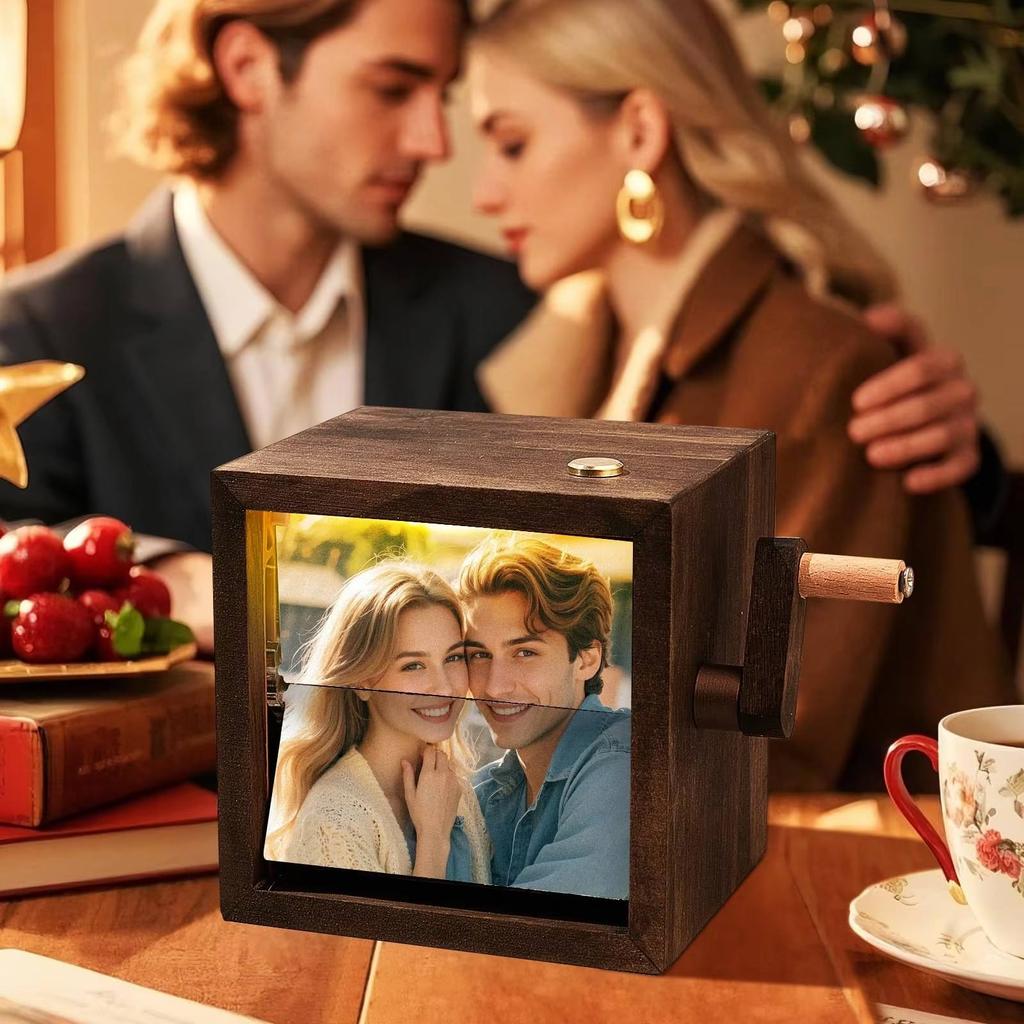 Custom Hand-Crank Animation LED Light Solid Wood Flip Photo Box Unique Memorial Gift for Couples Mother's Day Modern Home Decor