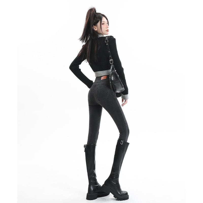 Plush Velvet Trousers for Women In Autumn and Winter Peach Buttocks Tight Jeans for Women Ash Super High Waist Pencil Pants for Women