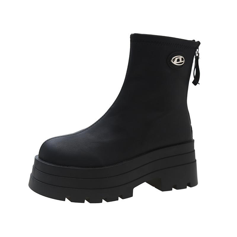 Chelsea Short Boots For Women Round Toe Thick Sole High Heels Winter Motorcycle Punk Elastic Ladies Boots