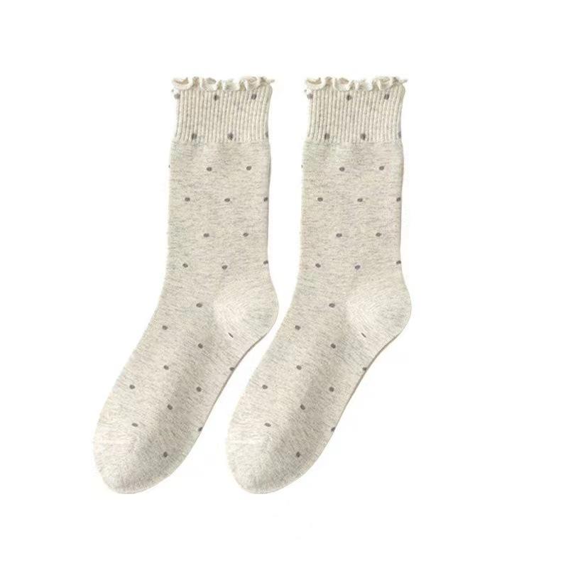 Grey Socks for Women, Mid-calf Autumn Thin Polka Dot Lace Socks, Black Ear-trimmed Autumn and Winter Ballet Style Pile Socks