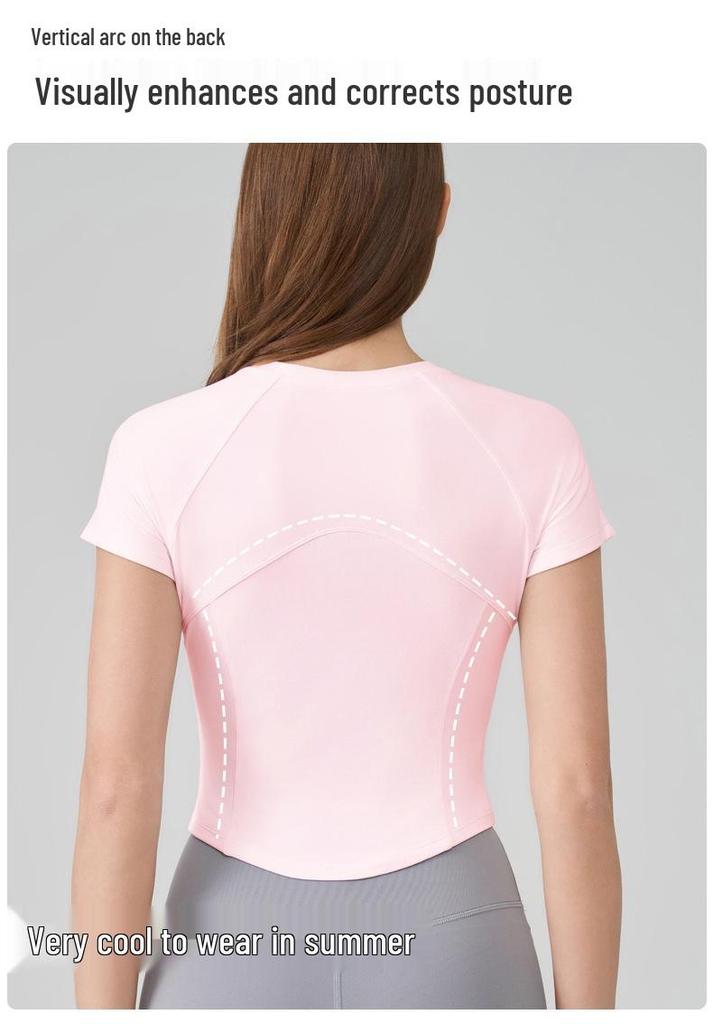 SNU Women's Slimming Yoga Top - Nude Feel, Round Neck, Waist-Cinched, Breathable, Short Sleeve, Versatile Fitness T-Shirt