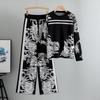 Women's Ink Painting Knit Pullover & Wide-Leg Pants Set - Autumn/Winter Casual Two-Piece