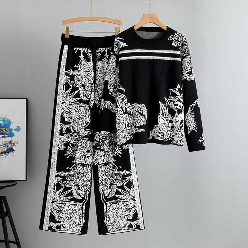 Women's Ink Painting Knit Pullover & Wide-Leg Pants Set - Autumn/Winter Casual Two-Piece
