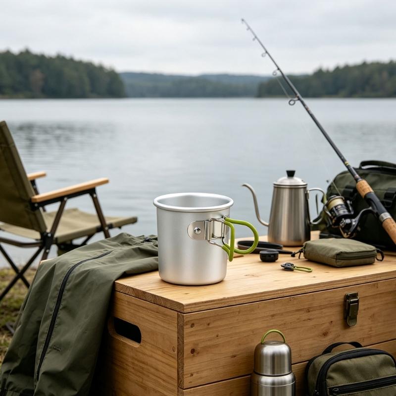 Aluminum Camping Mug for Backpacking Breaks, 150ml Foldable Outdoor Drink Cup with Grip Covered Handle for Easy Carry