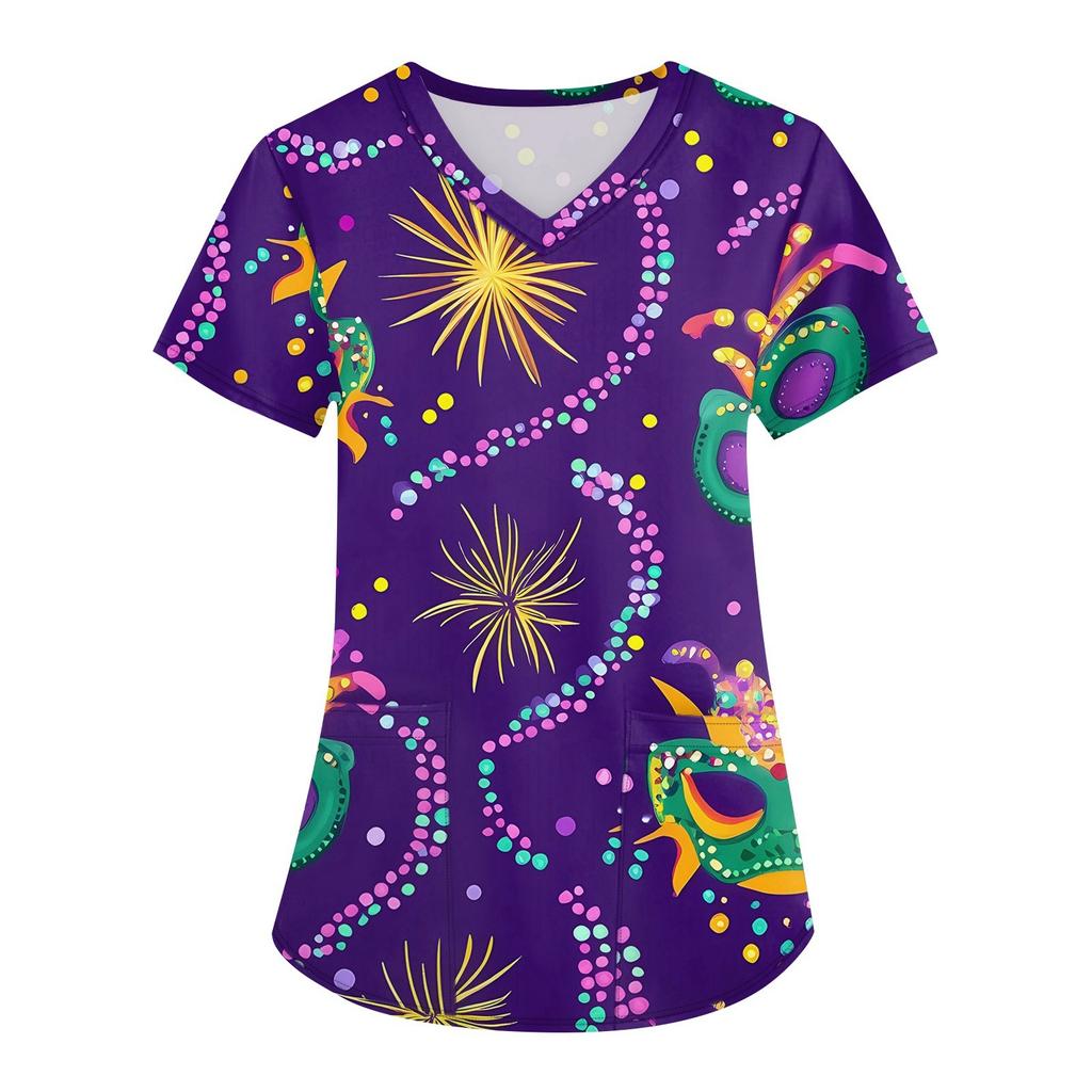 Módní dámské pracovní oděvy s výstřihem do V a krátkým rukávem s kapsami