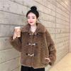 Lamb wool coat women's short autumn and winter imitation fur new brush flower thickened horn button plush coat