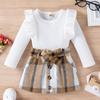 Girls' Korean Style College Style British Autumn Ribbed Ruffle Long Sleeve Plaid Skirt Toddler Outfit