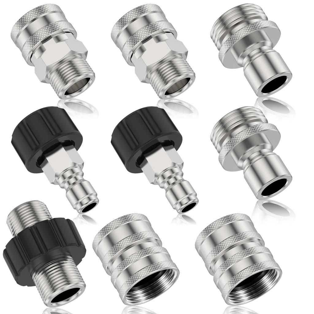 9Pcs Pressure Washer Adapter Set 5000PSI Max Stainless Steel M22 14mm To 3/8 Inch Quick Connect Pressure Washer Hose Fittings