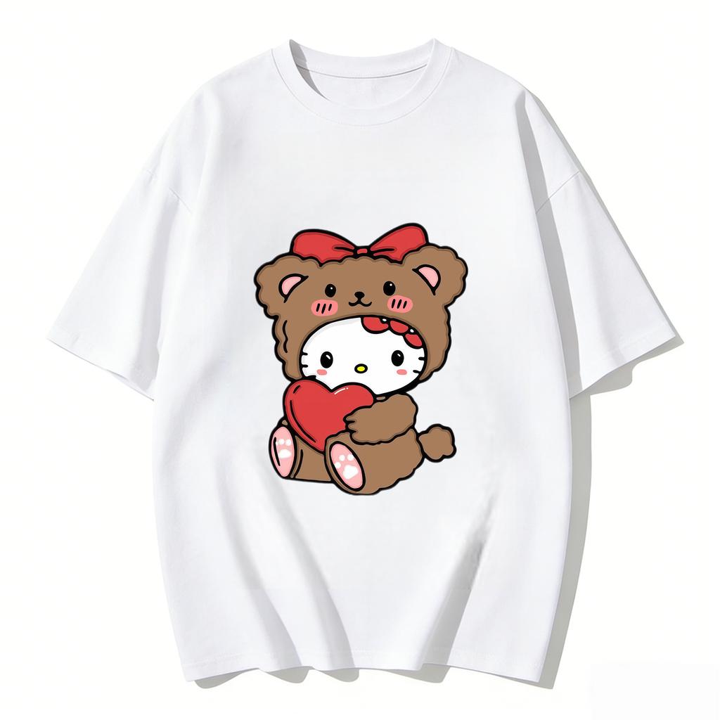 2026 Summer Hello Kitty Cartoon Printed Short Sleeve Pure Cotton Tshirt Womens Family Matching Outfits Classic Fashion Tee Top
