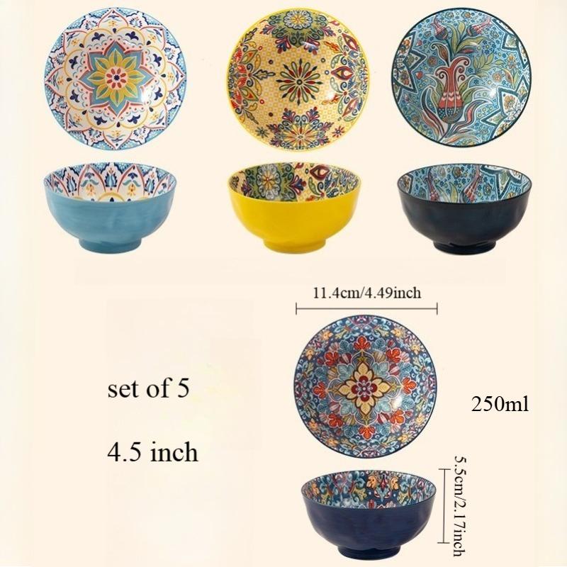 Bohemian Ceramic Bowl Set of 5 Colorful Floral Rice Noodle Soup Bowls for Kitchen Dining