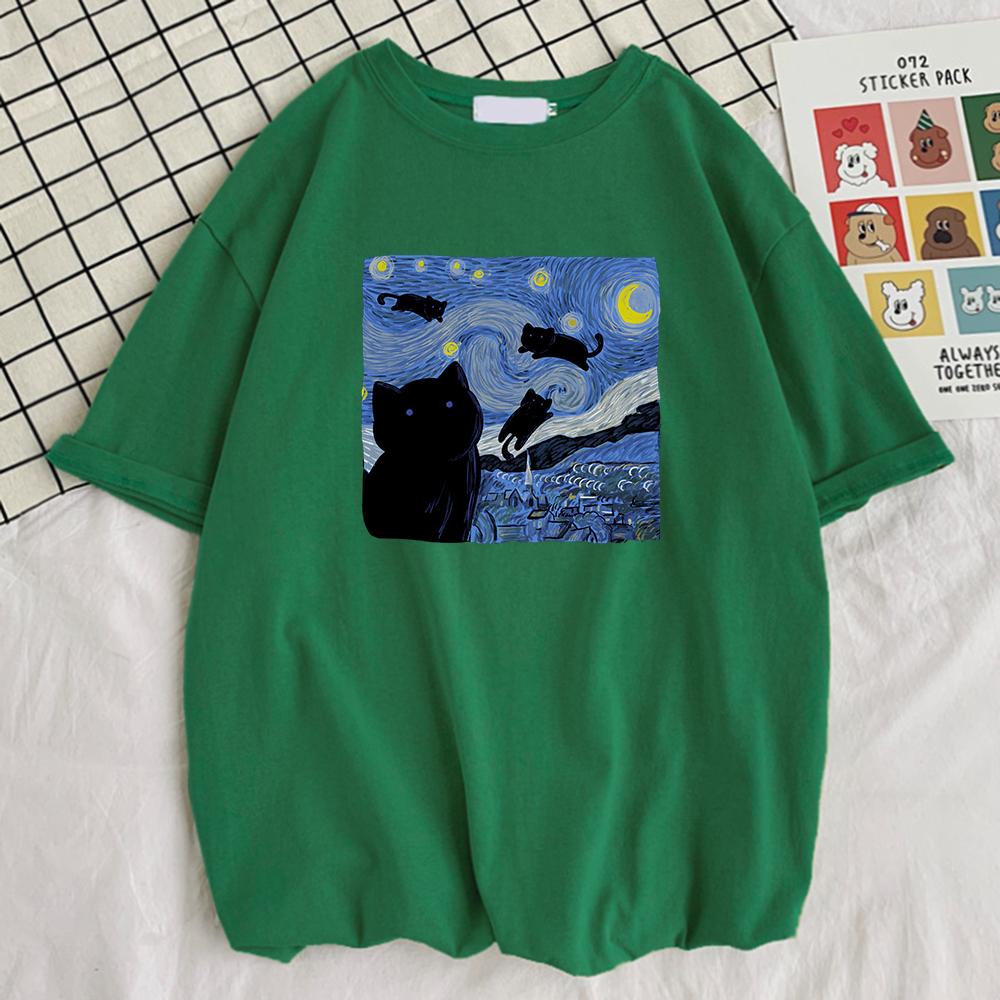 

Vincent Van Gogh Starry Night Cute Cat Unisex Cotton Short Sleeve Crewneck Casual Tops Creative Oversize Short Sleeve Unisexs Clothing 4XL