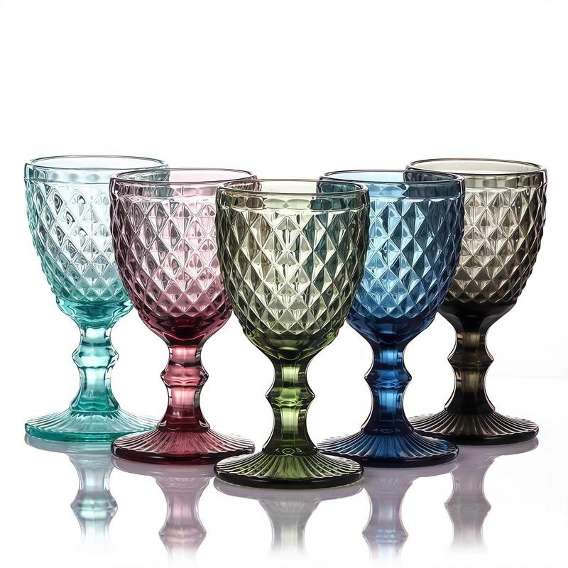 European Embossed Wine Glass Thickened Colorful Glass High Foot Juice Cup Retro Red Wine Glass