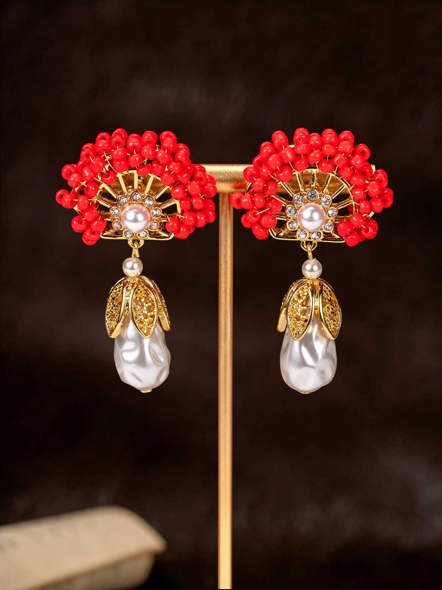 Ретро китайская заколка для волос серьги-цветы в винтажном стиле с нерегулярным жемчужным подвесом красный