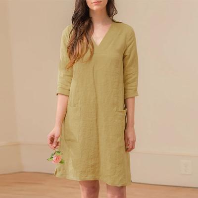 Loose V-neck Solid Colour Dress Women's Vintage Cotton Linen Half Sleeve Mini Dresses