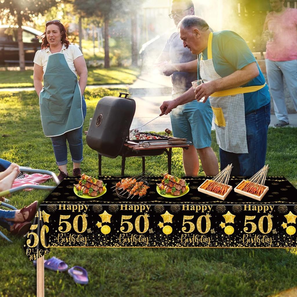 50th Black Gold Birthday Tablecloths Plastic Disposable 2 Pack Table Cloth Happy Party Birthdays Decorations Rectangular Table Cover 54"x108"