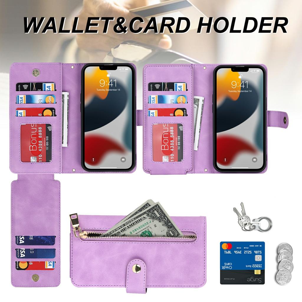For iPhone 13 Pro Stand Case PU Leather Phone Cover with Straps/Zipper Wallet/Multiple Card Slots