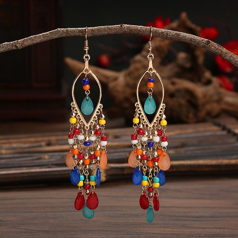 Long Jewelry Vintage Tibetan Multicolor Tassel Section Round Beads Women Dangle Earring Pendant Straight Hanging Earings Jewelry