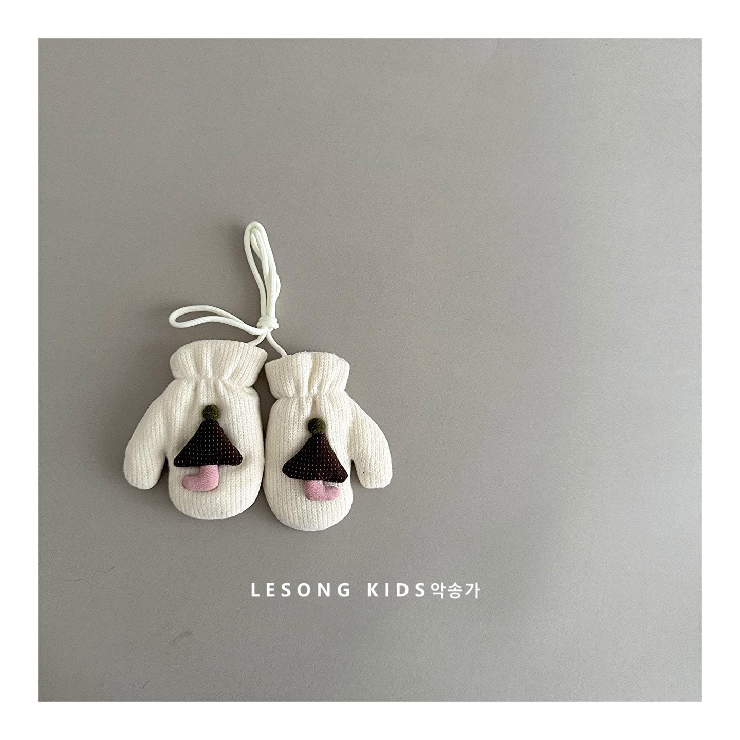 Children s Gloves Wool Fabric Mushroom Halter Neck Plus Velvet Lining Baby Winter Warm Gloves Winter one size