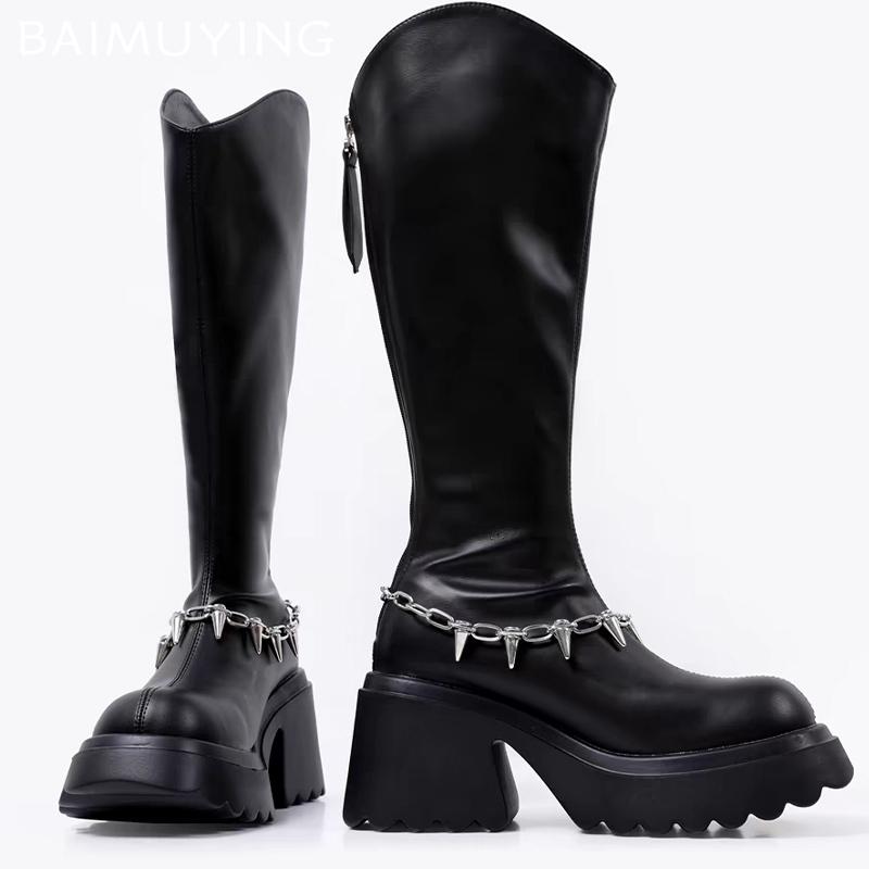 Chunky Platform Women High Boots Chain Leather High Heels Fashion Shoes 2025 Trend Designer Pumps Knee High Winter Botas Mujer