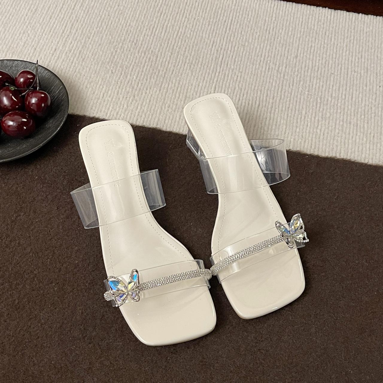 

French transparent one-word sandals women s 2025 summer new rhinestone leak high heels versatile with skirt sandals 35 бежевый