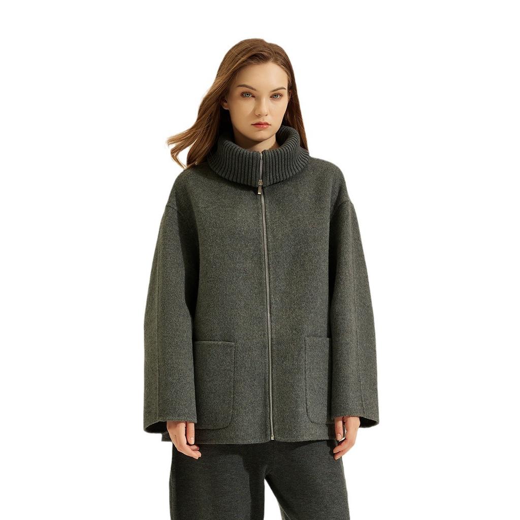 Puyuan double-sided woolen small jacket knitted collar baseball jersey wool zipper cardigan